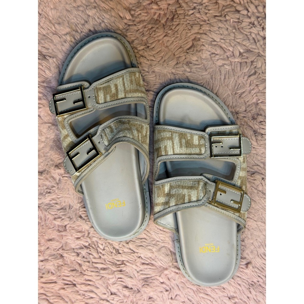 Fendi Feel FF Monogram Tapestry Slide Sandals Grey Beige Gold Buckle Size 39